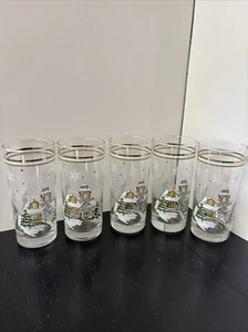 Luminarc Snowy Christmas Scene Glasses Set 5  Vintage 14 Oz. Green Gold Stripes - Picture 1 of 19