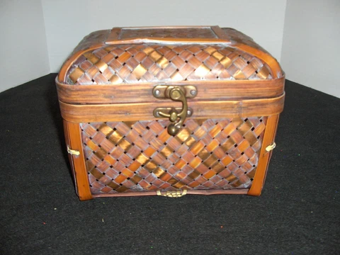 Decorative Woven Ratten Basket Shimmers With Copper Gilt Wood W/Brass Latch Cover