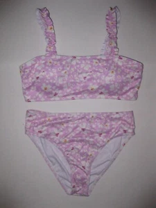 Shein girls 13-14yrs 2pc bikini swimsuit pink floral ribbed ruffle strap nip - Picture 1 of 5