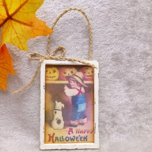 Boy with Dog Scene Halloween Ornament Decoration Wood Frame Vintage Materials - Picture 1 of 8