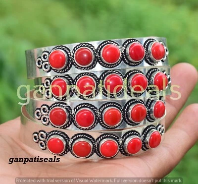 Lote al por mayor de brazalete de 5 piedras de coral rojo enchapado en plata 925 joyas étnicas Foto 1 de 4