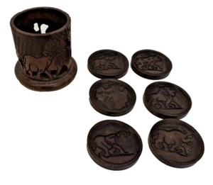 Handgeschnitzt Elefant Ebenholz Holz 6 Untersetzer Set und Halter afrikanischer Stamm - Bild 1 von 10