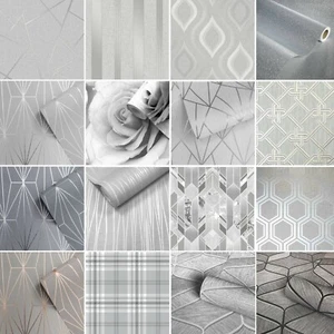 Papel Pintado Gris Plateado Liso Lujo Brillo Metálico Moderno Brillante Varios Diseños - Imagen 1 de 57