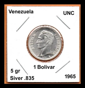 Venezuela UNC Coin 1 Bolivar 1965 Silver .835 (Low Shipping) - Picture 1 of 2