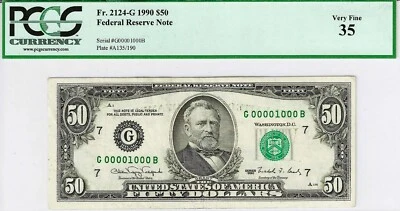 1990 $50 CHICAGO ~ LOW BINARY SERIAL NUMBER 00001000 ~ PCGS VERY FINE 35 ~ RARE - Image 1 of 2