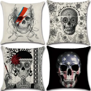 18" Skull theme Cotton Linen Cushion Cover Pillow Case Home Decor - Picture 1 of 6