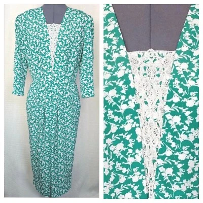 Vestido Floral Vintage Karin Stevens Verde y Blanco con Inserto de Encaje Talla 10 Foto 1 de 4