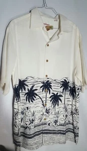Caribbean Men's Medium Hawaiian Shirt Scenic Print Beige/Black Linen - Picture 1 of 4