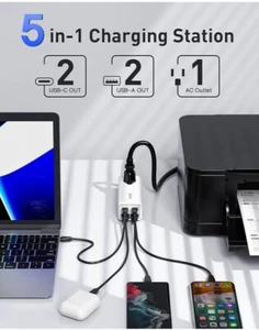 Station de Charge Rapide 5 en 1 -2 USB-C, 2 USB-A, 1 AC -6ft Rallonge Cordon Chargeur - Photo 1 sur 5