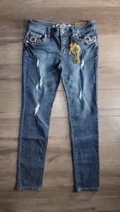 Vintage Wax Jeans Women's Beautiful Bling Backs & Front Distressed Jeans Size:9 - Picture 1 of 19