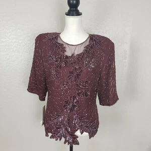 JRT Vintage 80s Silk Beaded Sequin Top India Plum Leaf Purple Large - Bild 1 von 9