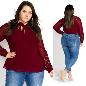City Chic Lace Top Blouse Womens XS 14 Plus Size Cherry Burgundy Tie Neck - Picture 1 of 12