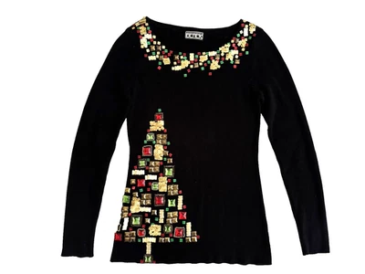 Suéter Vintage Berek Navidad S/M Negro Tejido Rojo Verde Dorado Estrás Árbol Foto 1 de 4