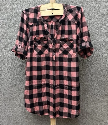 Torrid Blouse Womens L Harper Pink Check 3/4 Roll Up Sleeve Half Button Flannel - Image 1 of 4