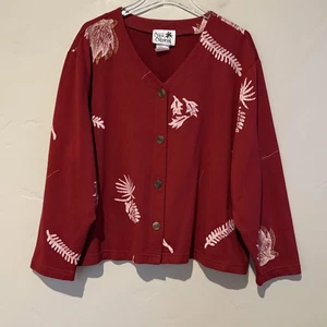 Original Copa Cabana Pullover Damen 2X Knopfleiste V-Ausschnitt Blätterdruck Made USA - Bild 1 von 9