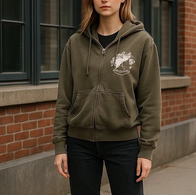 Vintage Y2K Womens Size XL Army Green Silver Crested Cotton Zip Up Hoodie - Image 1 of 4