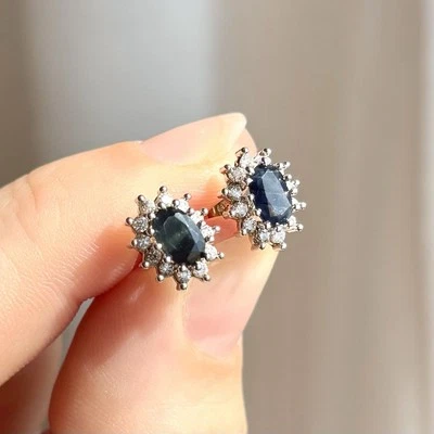 Pair 9ct Yellow White Gold Stud Earrings w Sapphire and CZ Halo Cluster Design - Image 1 of 4