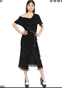  Sportmax $ 1490 Defile schwarz gerippt Wickel Fransen Midikleid Gr. 8  - Bild 1 von 12