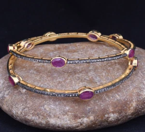 Natural Diamond Ruby 925 Silver Handmade Wedding Victorian Bangle Jewelry - Picture 1 of 1