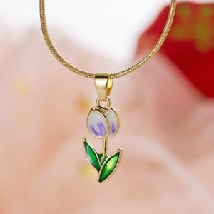 Fashion 14k Gold Plated Zircon Purple Tulips Flower Pendant Necklace Women Gift