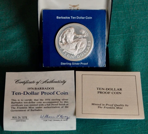 1976 Barbados Silver $10 Proof Coin, Sealed in Original Holder with Certificates Cover