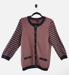 Tommy Hilfiger M 100% Cotton Knit Cardigan Sweater Nautical Stripe Red Navy Gold - Picture 1 of 10
