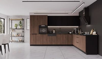 Winkelküche MONZA + SIENA 350x290 cm Küchenzeile Eckküche Küche Nußbaum Schwarz - Bild 1 von 4
