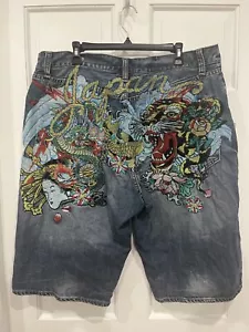 Ed Hardy Blue Denim Shorts Japan Dragon Koi Fish Tiger Lightning RARE Cotton 40 - Picture 1 of 8