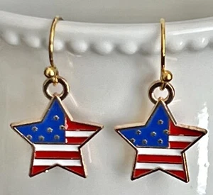 Gold Star Earrings. Patriotic. Red White & Blue. I Love America. - Picture 1 of 3