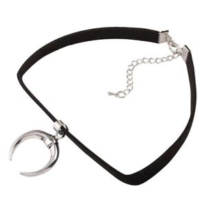 Black PU Velvet Ribbon Choker Necklace Gothic Handmade Moon Pendant Simple