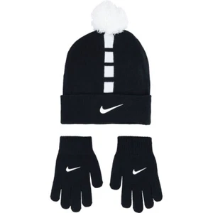 NWT NIKE Youth 2Pc ELITE POM BEANIE w/GLOVES Winter BLACK WHT Unisex 9A2939-023 - Picture 1 of 6