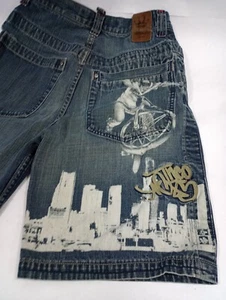 JNCO Jean Shorts BMX Bike City Graphic Boys Sz 20 Vtg 90s Y2K Baggy Wide Mens 28 - Picture 1 of 24