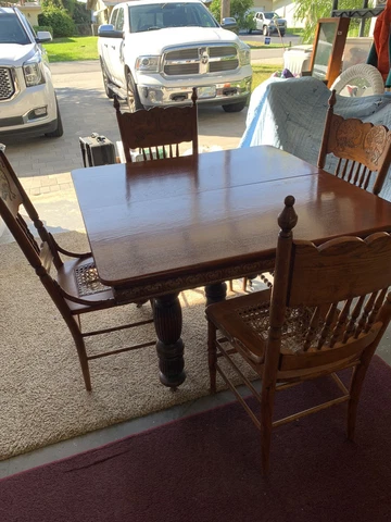 Vintage RARE carved skirt Oak Table w/5 Leaves, 6 Chairs Cover
