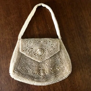 1940s Ivory Beaded Evening Bag Flower Designs Made in Occupied Japan - Picture 1 of 10