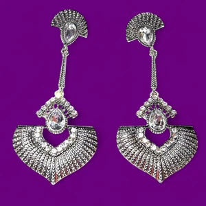 ORECCHINI PENDOLO ARGENTO ART DECO cristallo trasparente strass grande Gatsby anni 20 6E - Foto 1 di 4