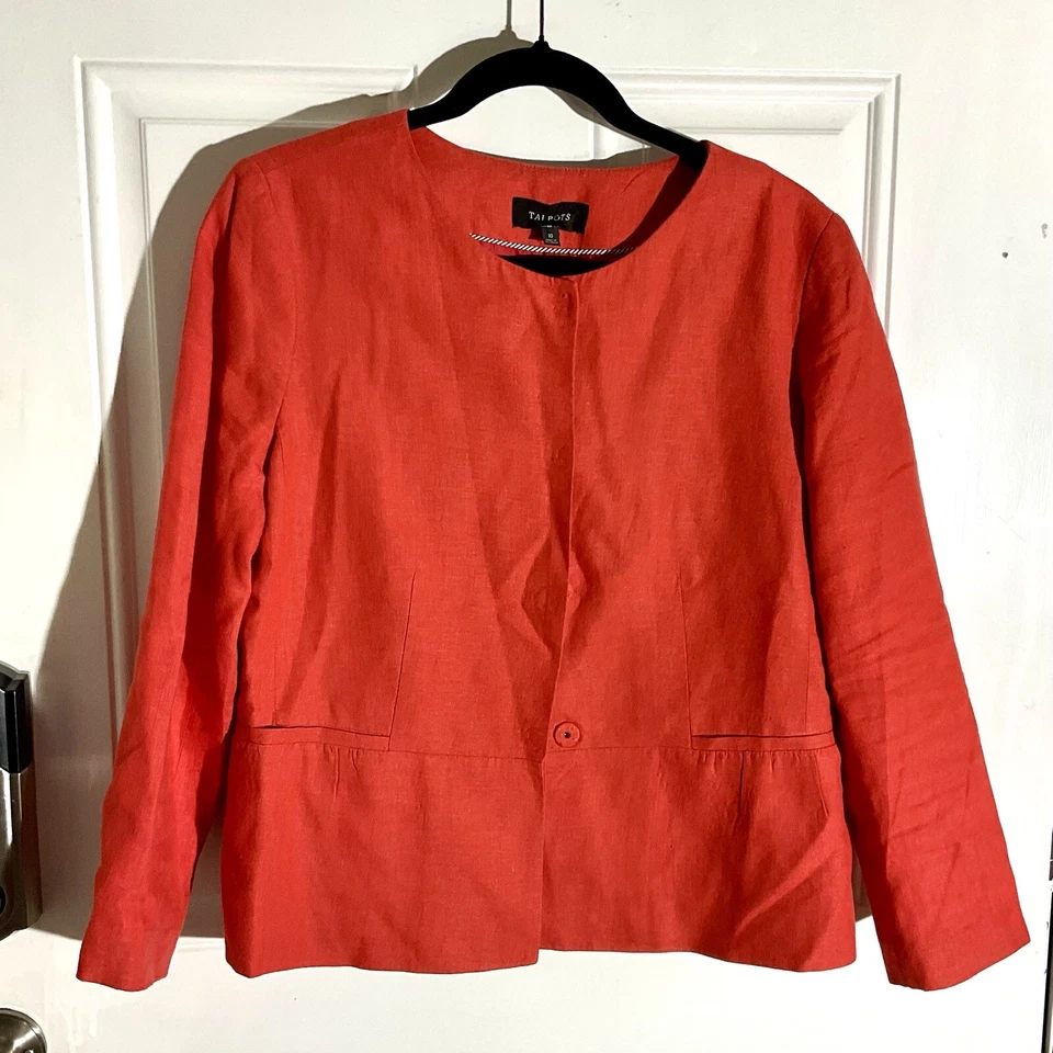 Chaqueta Blazer Talbots Para Mujer 100% Lino Naranja Oculta Snap Peplum Talla 10 Usada en Excelente Condición Foto 1 de 4