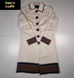 Boden Cream Coat Brown Stripe Cotton Fringe Trim Big Button Trench Style Size 10 - Picture 1 of 11