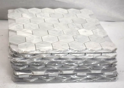 Lot of 10 MSI Carrara White 2" Hexagon Honed Marble Mesh Mounted Mosaic Tiles - Image 1 of 4