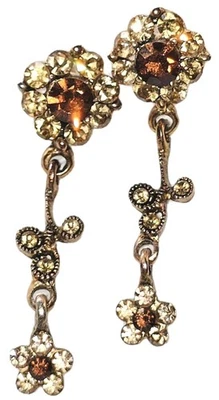 Michal Negrin Earrings Long Chunky Drop Flowers & Brown  Crystal  - Image 1 of 4