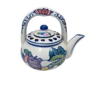 Vtg Blue & White Tea Pot Vegetables Handpainted 5 in Tall Made in China - Picture 1 of 10