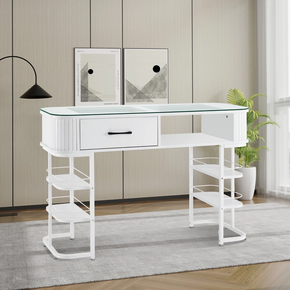 Modern Minimalist Manicure Table Acetone-Resistant Nail Tech Desk with Glass Top - Image 1 of 1