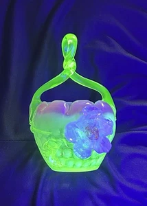 Antique URANIUM Vaseline Hand Blown Bohemian Art Glass Posy Basket / Vase - Picture 1 of 22
