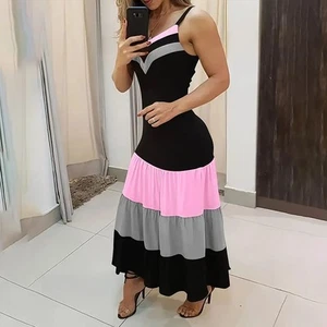 Women's Summer Casual Sleeveless V Neck Color Block Spaghetti Strap Maxi Long Dr - Picture 1 of 10