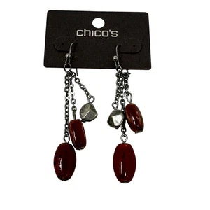Chicos Dangle Drop Earrings Red Faux Stone + Silver Tone Metal - Picture 1 of 3