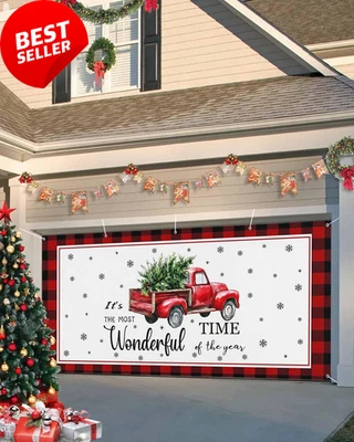 Christmas Garage Door Banner Cover 7 X 16 Ft, Christmas Red Truck with Tree Red  - image 1 of 4