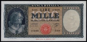 1961 - 09 - 25 ITALIA REPUBBLICA BANCONOTA LIRE 1000 ITALIA ( MEDUSA ) MF106448 - Picture 1 of 2
