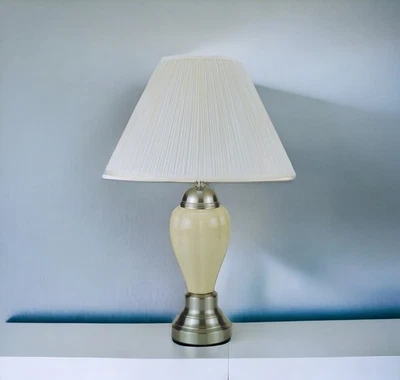 27" Ivory and Silver Ceramic Urn Table Lamp With White Empire Shade - Image 1 of 4