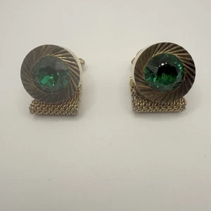 Goldfarbene grüne Stein Manschettenknöpfe Mesh Strass elegant - Bild 1 von 6