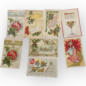 Antico lotto 7 cartoline NATALE edoardiane primi '900 Poinsettia ragazza Winsch - Foto 1 di 7