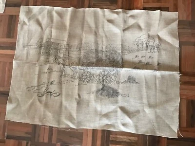 Vintage unused large natural tapestry embroidery canvas farm horse hay country - Image 1 of 4